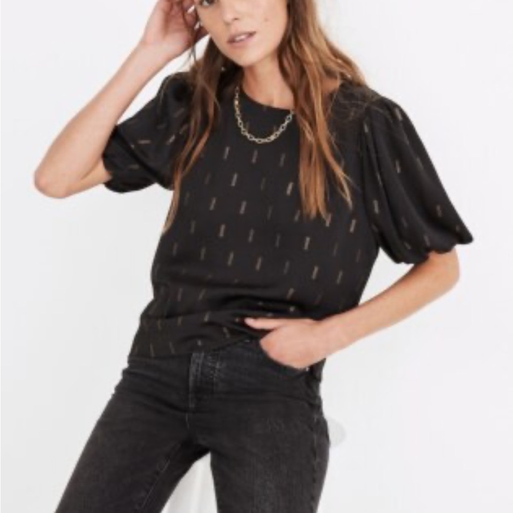 Madewell Size Large‎ Women's Black Puff Sleeve Gold Metallic Accents Blouse